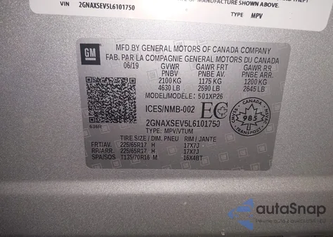 2020 Chevrolet Equinox Ls из США, поврежденный, VIN 2GNAXSEV5L6101750